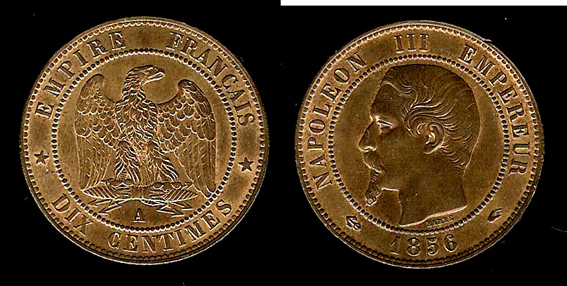 Dix centimes Napoléon III, tête nue 1856 Paris SPL- à SPL